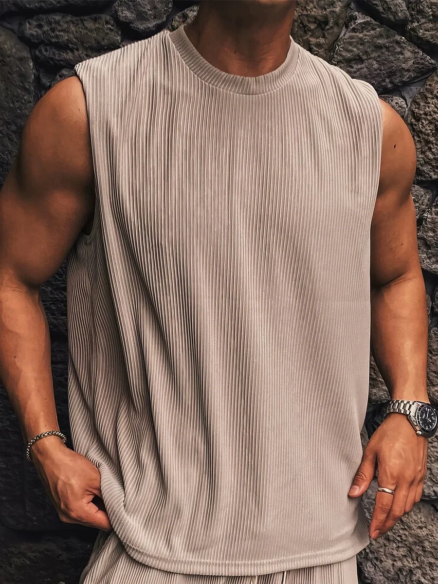 American Hardman Style Ice Silk Thread Muscle Men's round Neck Sleeveless T-Shirt Fitness Sport Vest Tank Top Loose Fit Summe...