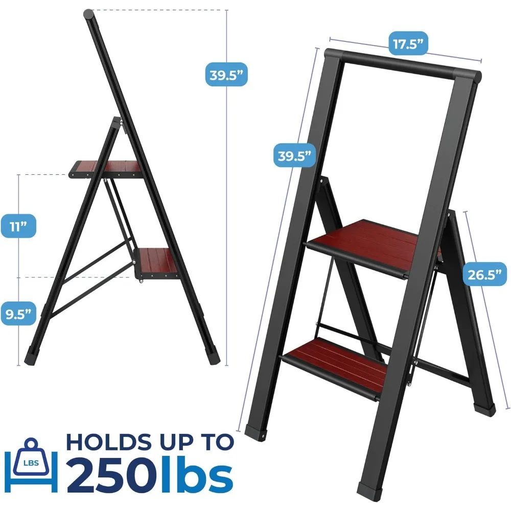 Step Ladder 2 Step Folding, Decorative - Beautiful Mahogany & Black Aluminum, Ultra Slim Profile, Anti Slip Steps