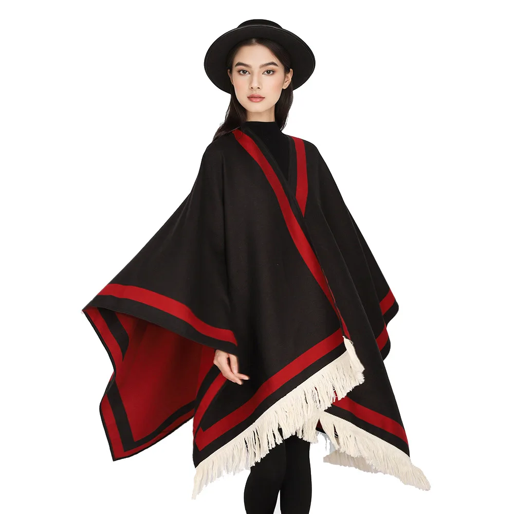 

Simple Fashion Stripes Thick Faux Cashmere Cape Outerwear Unisex Long Poncho All Seasons Travel Camping Wraps Cloak Coat