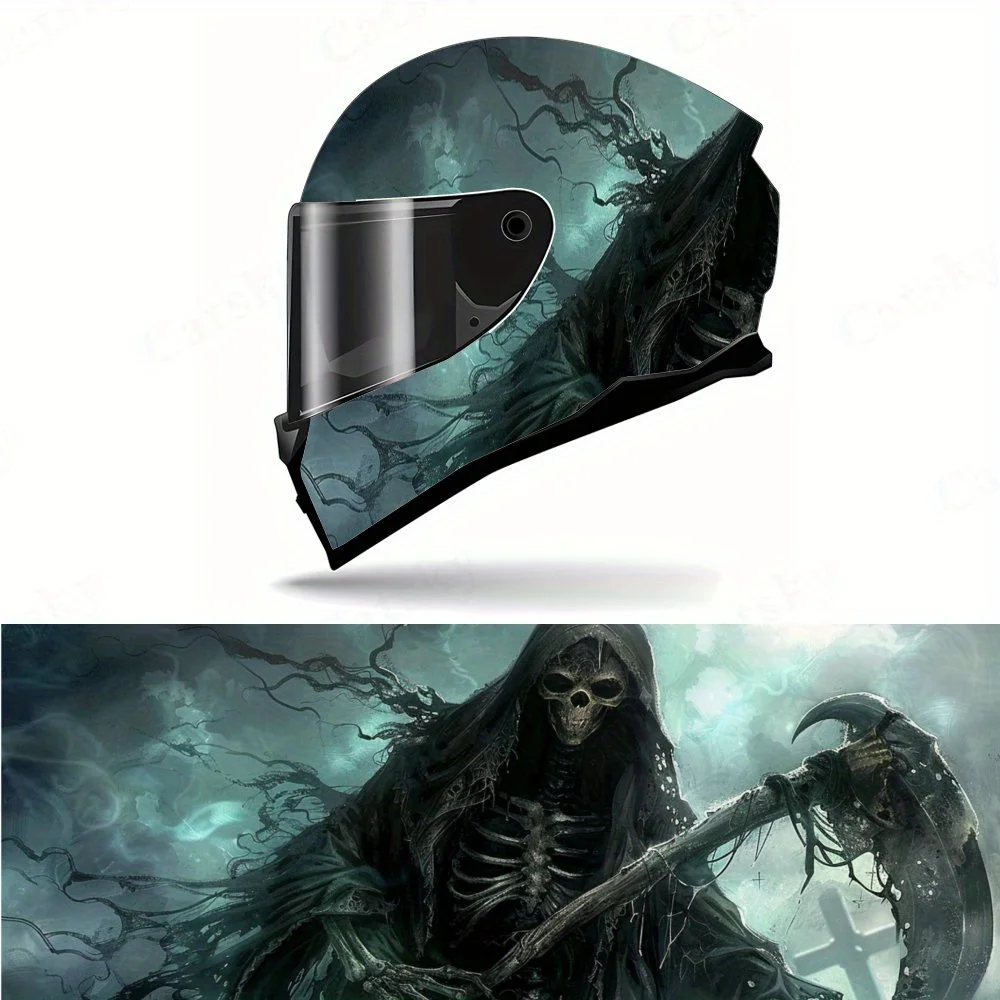 

Виниловые накидки на шлем Ghostly Green Reaper, водонепроницаемые, устойчивые к царапинам наклейки на анфас, прочный художественный дизайн из ПВХ, Inst