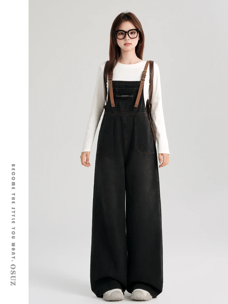 

Black Wide Leg Overalls Women's Summer Versatile Anti-Aging Workwear Straight Cut Denim Pants Casual High Waist Cotton Blend