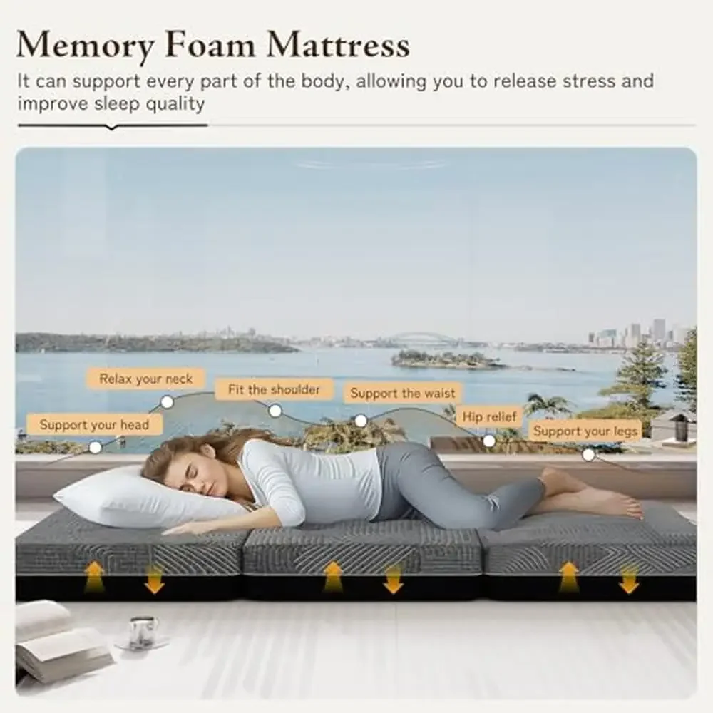 Memory Foam Tri-fold Mattress Queen Size Portable Foldable Sofa Bed Floor Mattress Non-Slip Bottom Camping RV Travel Lounging