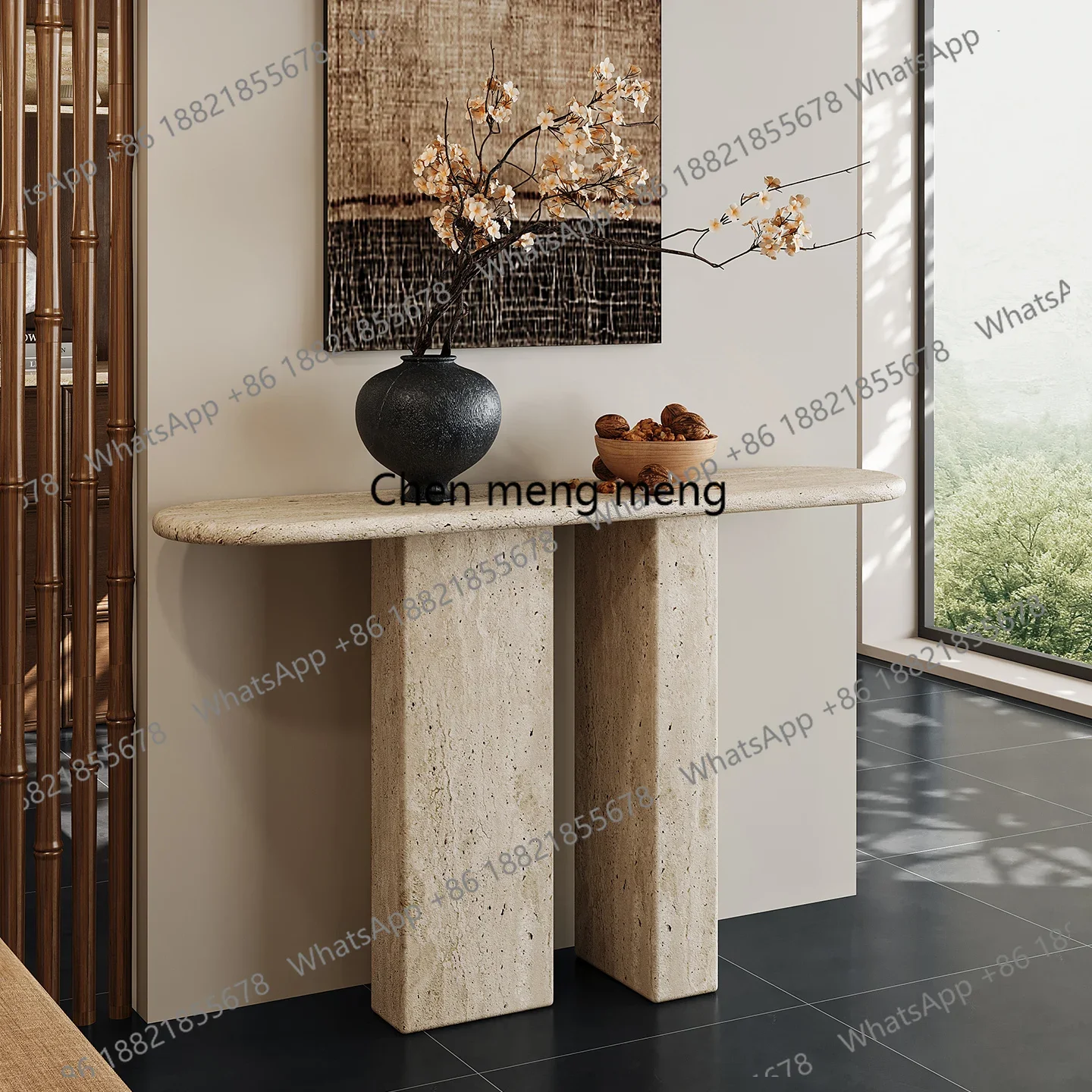 

H Wabi-sabi French retro natural travertine entrance entrance long table