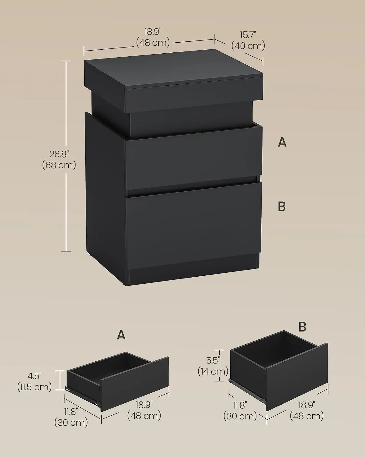 Kailyn Collection - Nightstands with Power Outlets, Sliding Lid, Modern Bedside Tables with LED Lights, End Tables, 2 Drawers