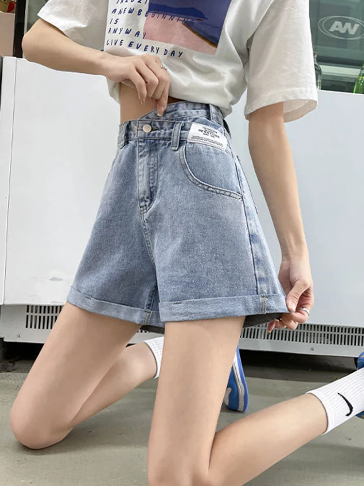 Zoki celana pendek Denim huruf untuk wanita, celana pendek Denim kasual, celana A Line model A Line, celana pendek Jeans pinggang tinggi gaya Preppy gaya Korea musim panas untuk wanita