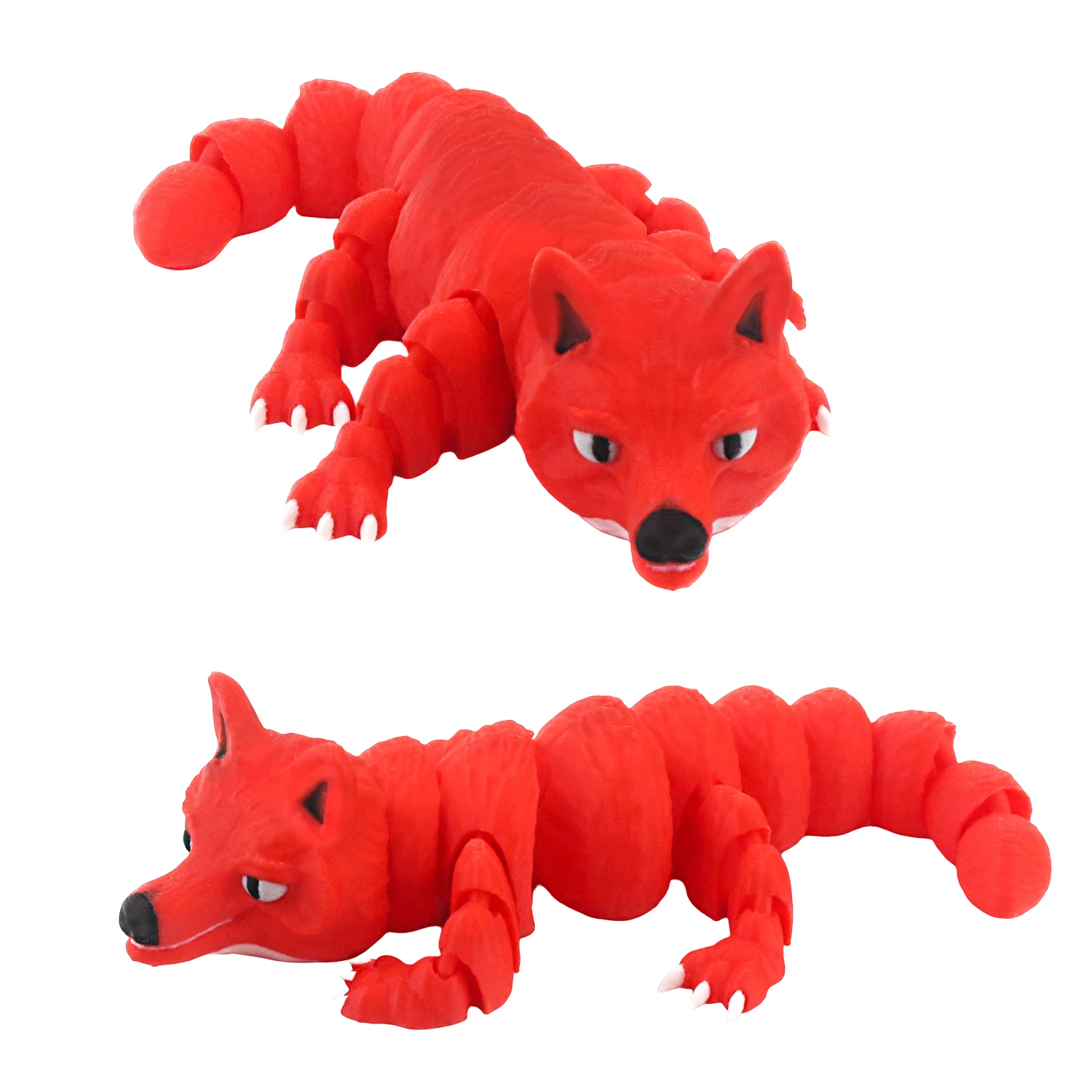 

3D printed animal models, simulated wolf figurines, multi colored toys with movable joints, and movable ornaments