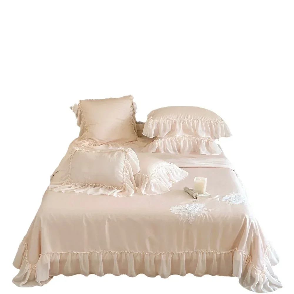 Princess Style Romantic Washed Cotton Four-Piece Korean Girl Lace Three-Dimensional Embroidered Quilt Cover Bed Sheet