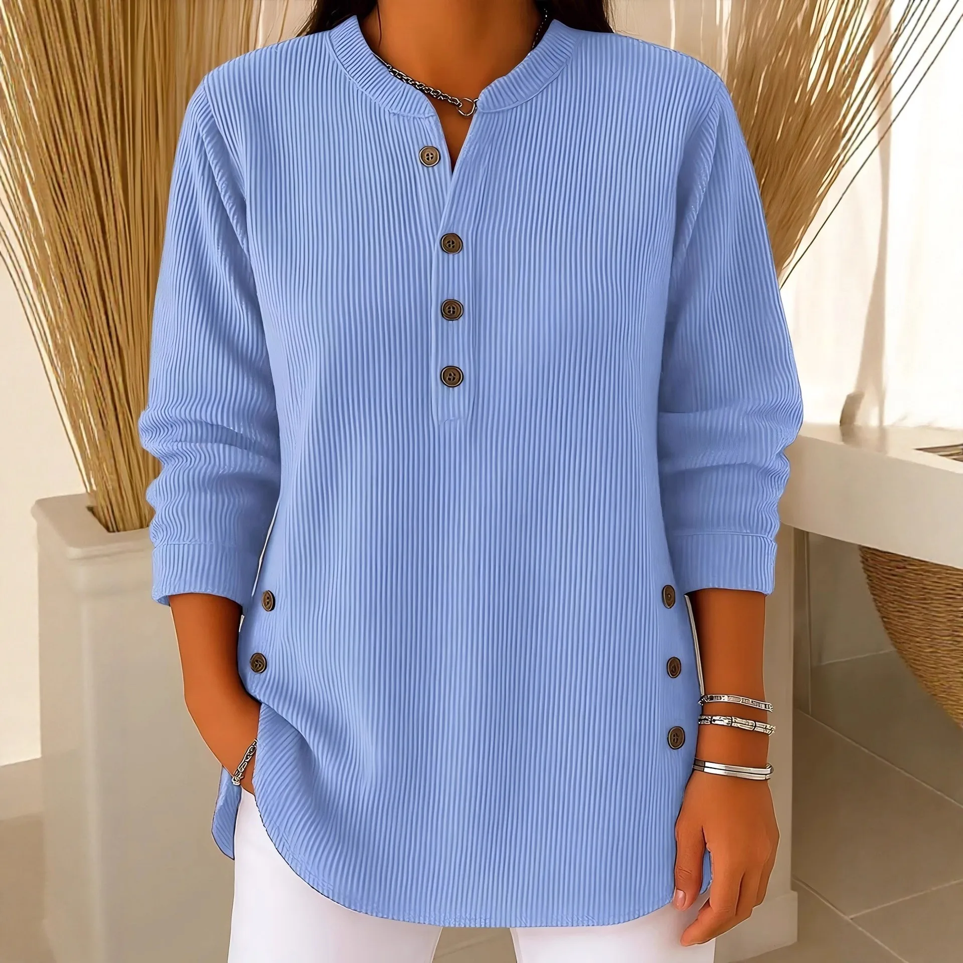 Loose Fit Top Button Front Commuter with T Shirts Autumn Commuter Chic Crew Neck Mid Length Elegant Women Long Sleeve Shirt