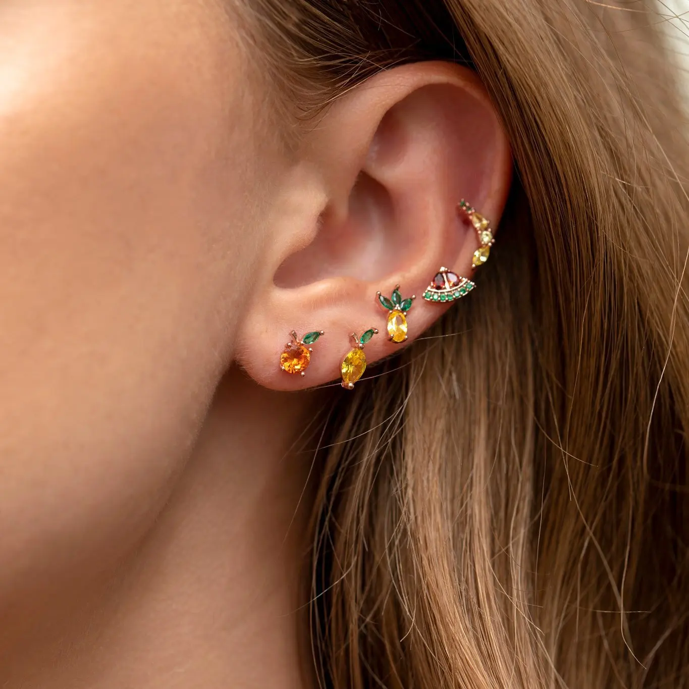 1PC Korean Gold Color Stainless Steel Zircon Ear Piercing Earrings For Women Fruits Ear Studs Cartilage Earring Unusual Jewelry