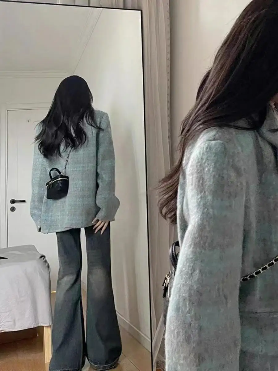 الرجعية منقوشة معطف الصوف المرأة فضفاضة تناسب تصميم الراقية المشاعر العلامة التجارية زر السيدات قسط Sle تخفيف Faion #2