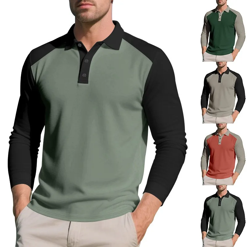T-shirt Collar T-shirt Slim Fit Pique Knit Contrast Sleeve Solid Color Button Placket Ribbed Collar Men's Casual Top Olive