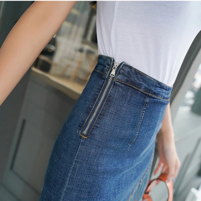 المرأة مصغرة اللاتينية الرقص شرابة الدنيم تنورة عالية الخصر سستة قليل Bodycon الكورية نمط وهمية قطعتين نصف طول تنورة