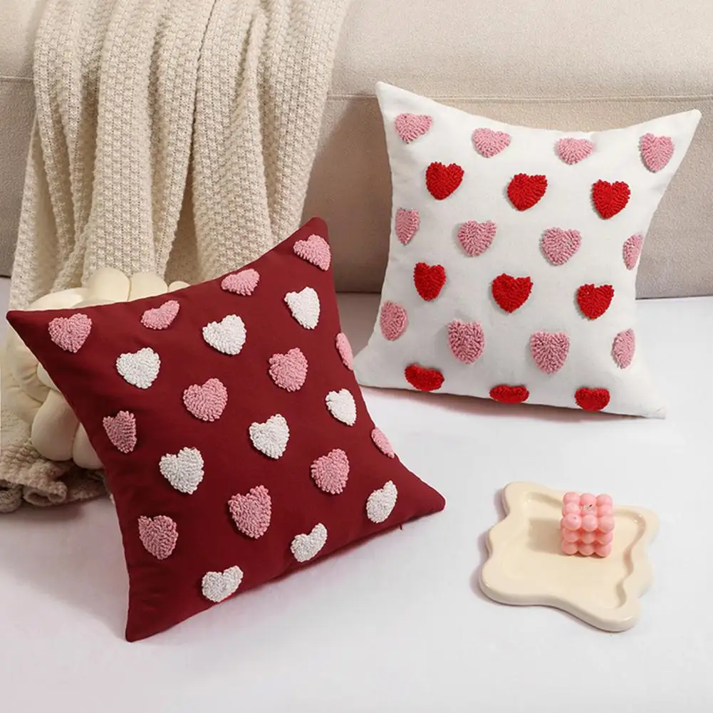 45*45cm Valentines Day Throw Pillowcase Holiday Themed Pillow Cover 3d Heart Embroidery Short Plush Luster Throw Pillow Cover