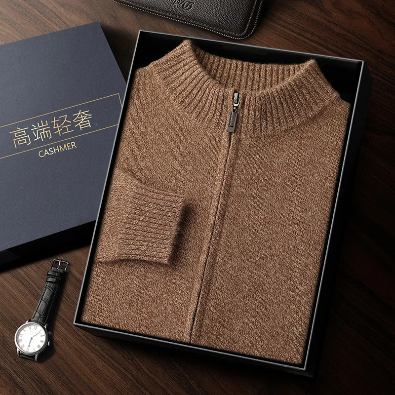 High-end Men 100% Cashmere Sweater Mock-neck Long Sleeve Zipper Cardigan Winter Thick Coat Smart Casual Cashmere Knitwear Tops