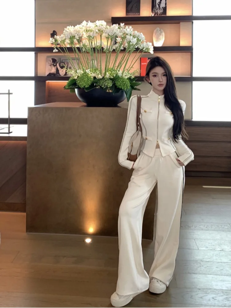Elegant Long Sleeve Double Zipper Jacket Women's Autumn Sport Set Casual Pants Wide Leg Pants Apricot Two Piece Set