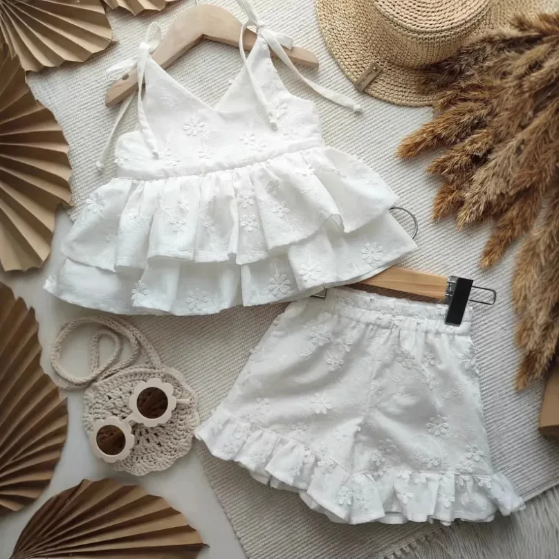 2026 Summer New Children Sleeveless Clothes Set Girls Embroidery Lace Sling Tops + Trousers 2pcs Suit Kids Princess Outfits