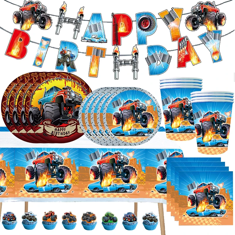 

Boy Racing Car Birthday Party Blaze Monster Decoration Customize Backdrop Balloons Set Balze Car Happy Birthday Banner Tableware