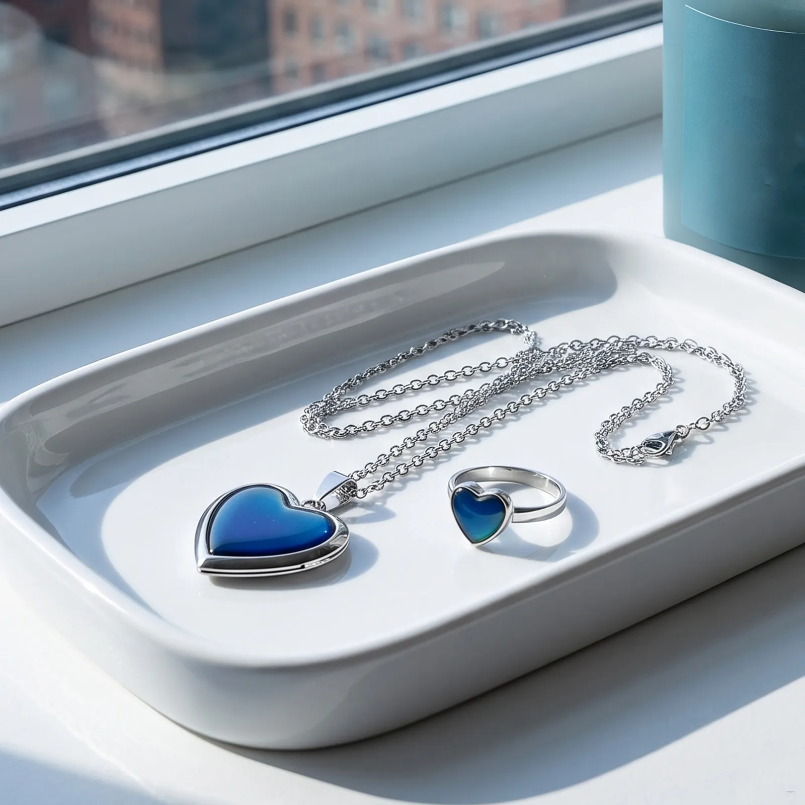 1Set Temperature Sensing Mood Changing Heart Necklace and Ring Jewelry Set for Women Daily Wear Gift Mood Changing Jewelry