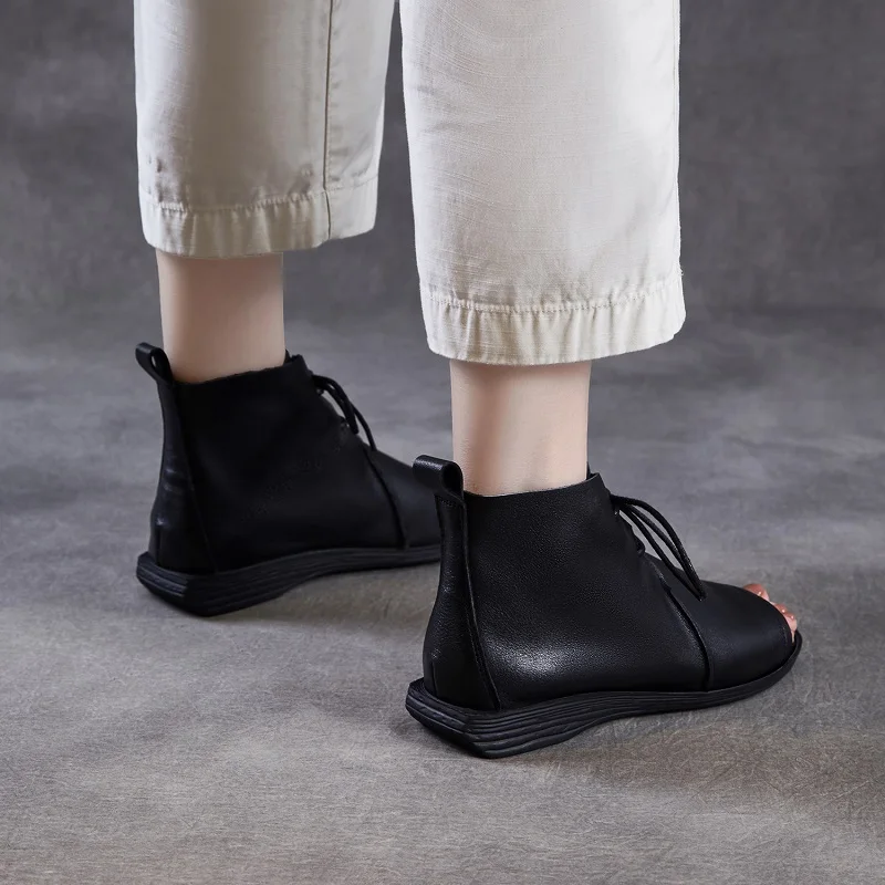 DRKANOL Women Roman Sandals 2026 Summer Open Toe Cow Genuine Leather Cross-tied Retro Style Flat Casual Sandals Woman Cool Boots