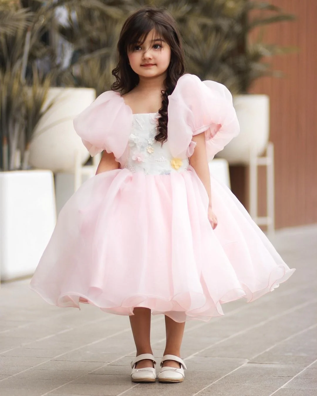 Pink Flower Girl Dress For Wedding Applique Puffy Bubble Sleeve Elegant Princess Ball Gowns Pageant Party Birthday Girls Dresses