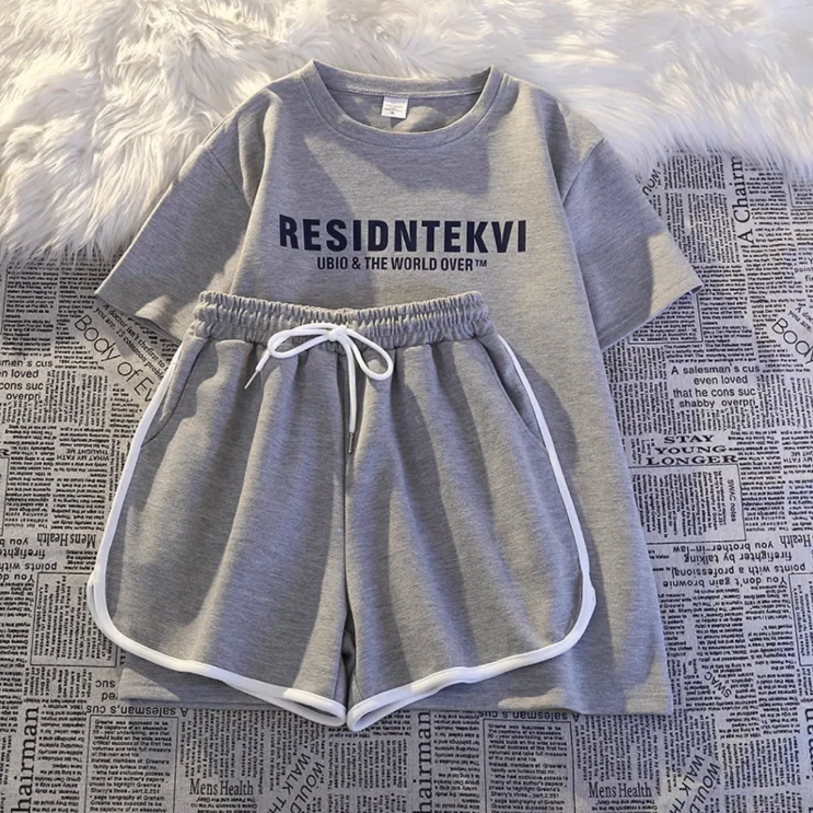 Femme Summer Korean Fashion Printing Solid Color Sports Suit Trend Women Clothing Lazy Wind Appear Thin Letter Two-piece Set Top