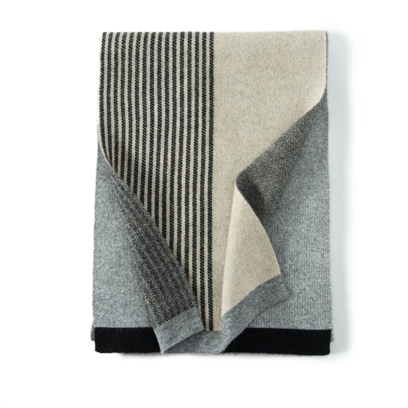 

Light Luxury Autumn/Winter 100% Cashmere Fashion Scarf Striped Color blocked Women's Warm Knitted Thick Men's Neck Accessories