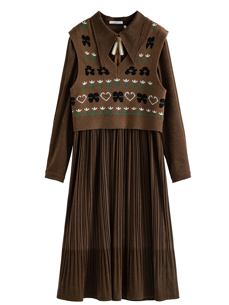 DUSHU Winter Retro Knitting Vest Dress Two Piece Women Clothes Women Coffee Brown Pleated Design Mid-Length Skirt Print Vests