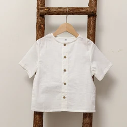 Boys Linen White Short-Sleeved Shirt Summer New Children's Round Neck Single-Breasted Casual Daily Cotton And Linen Shirts