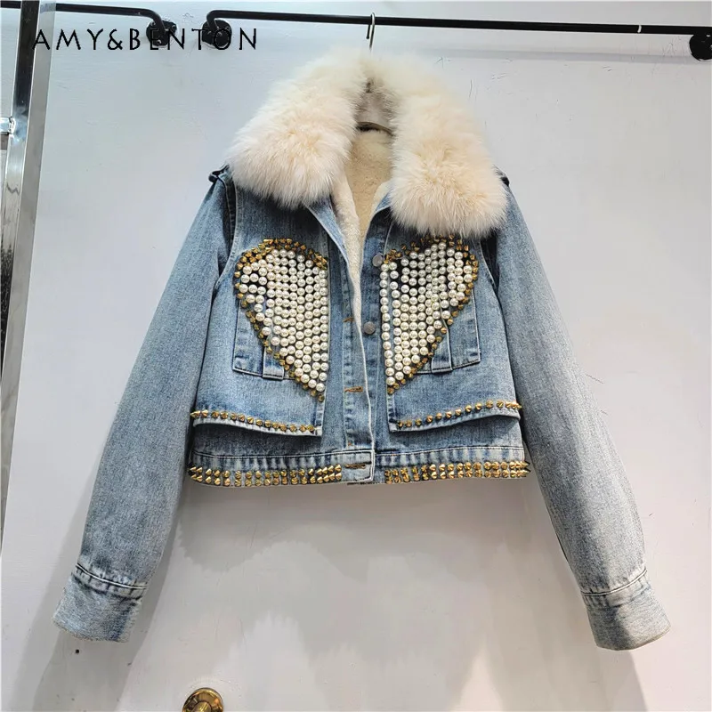 

2023 Winter New Women's Heavy Industry Love Beaded Liner Removable Fleece Thickened Fox Faux Fur Collar Denim Cotton Coat Jacket