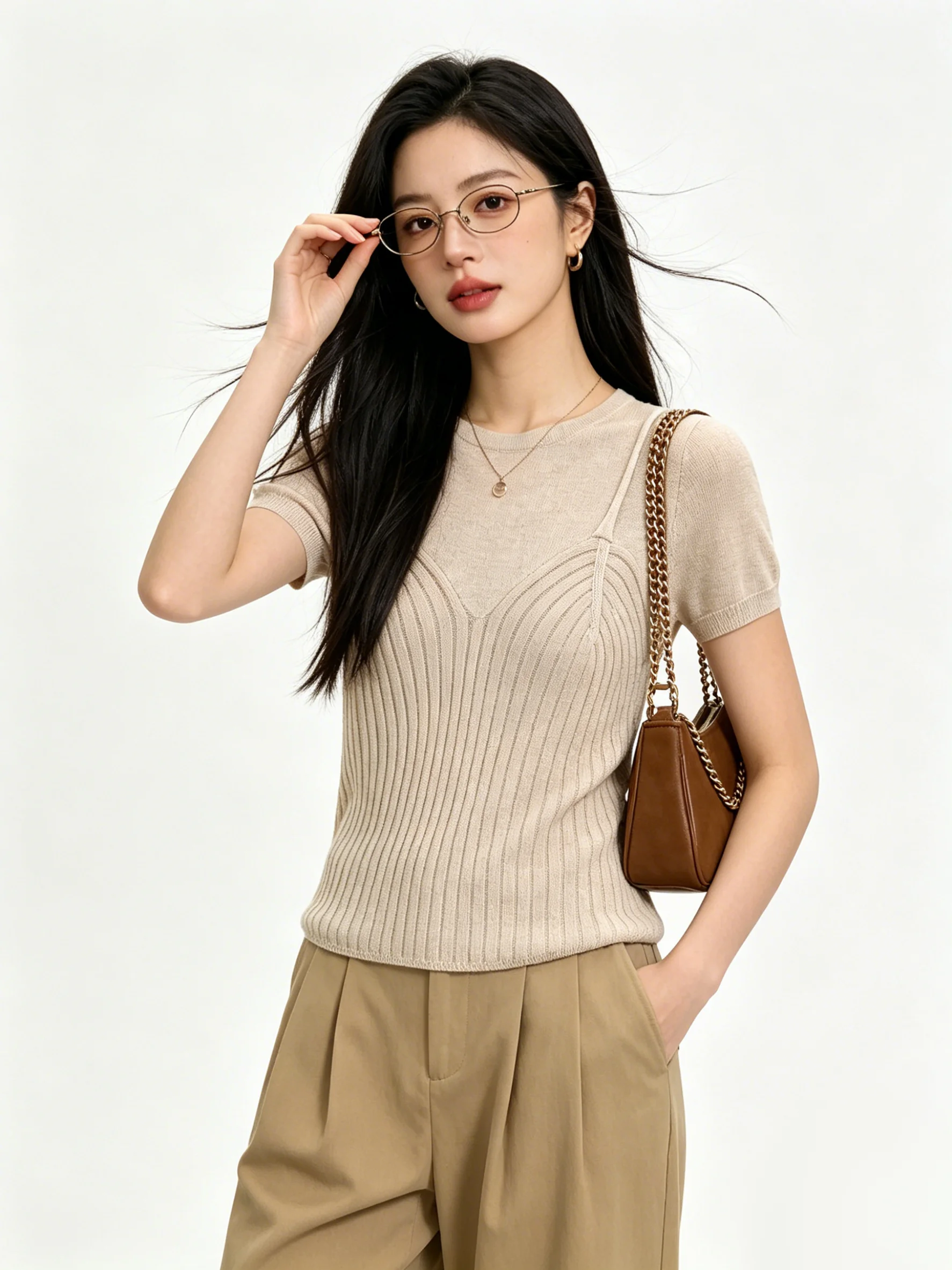 

Skin-friendly Knitted Short-sleeved T-shirt Casual Style Standard Fit Summer Breathable Soft Texture Korean Style Checkered P...