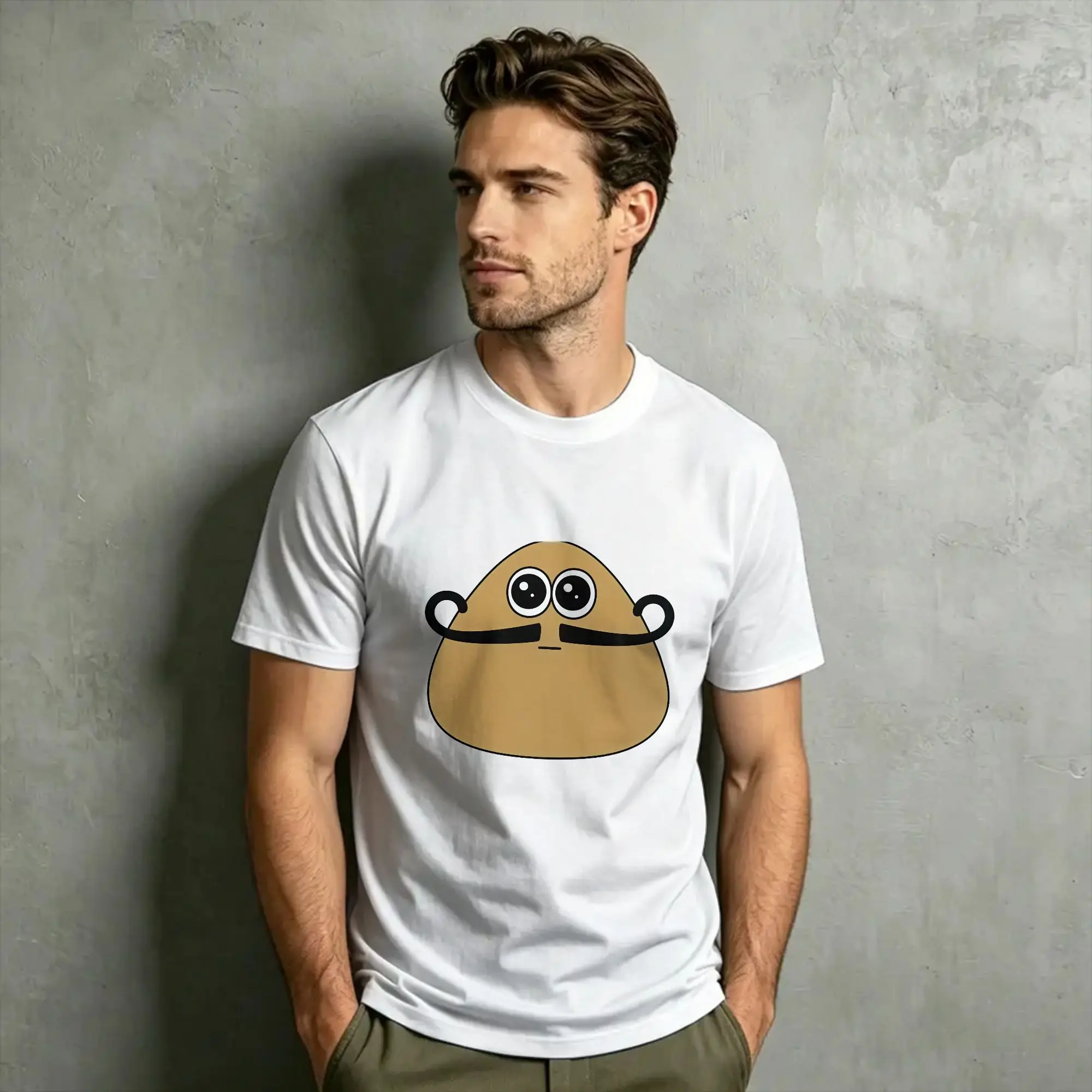 Cute Curly Mustache Pou Cartoon Graphic T Shirt Beach  Pure Cotton T Shirts For Man Tshirt Short Sleeve Y2K Retro Top Tees