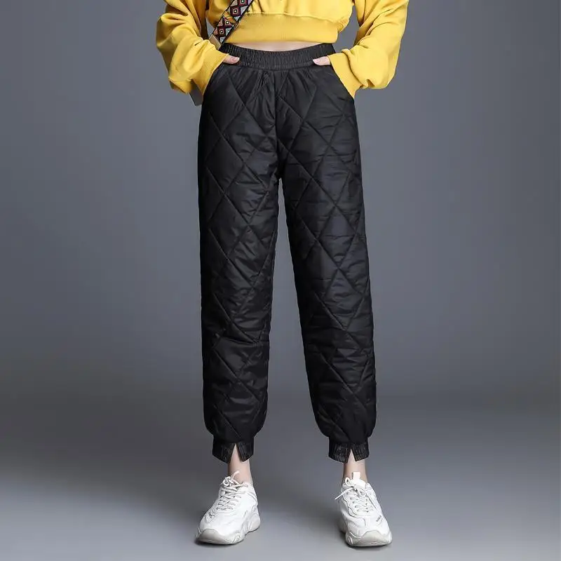 

Retro Thick Mom Pant 2023 Winter Warm Down Cotton Straight Pants Elastic Waist Snow Trousers Windproof Padded Quilted Sweatpant