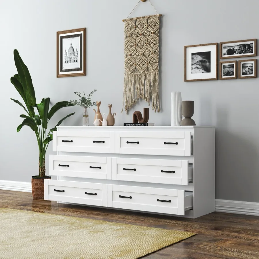 Modern white side cabinet with 6 drawers Wood Chest of Drawers with Metal Handle Storage Organizer for Living Room Bedroom or H