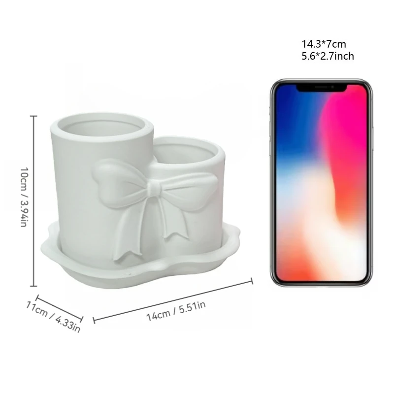 Bow Decor Double Cup Makeup Brush Holder,Cute 2-Compartment Vanity Organizer,Multi-Functional Desk Storage for Cosmetics and Pan