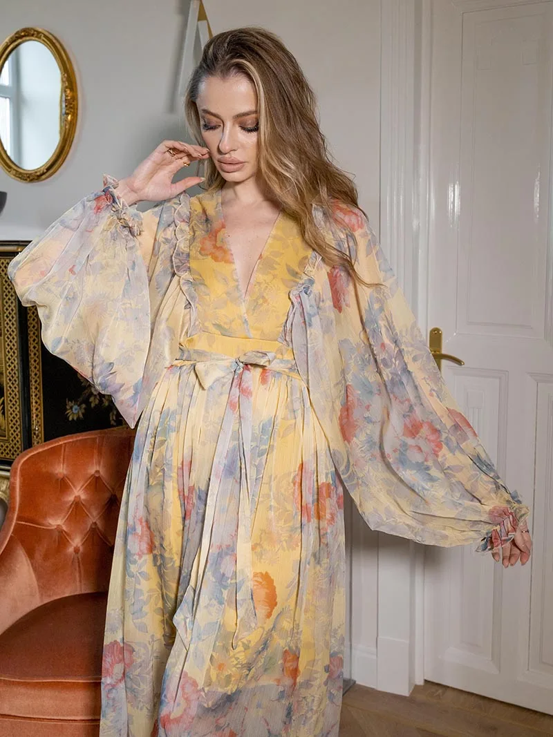 Elegante fasciatura in Chiffon Maxi abito da spiaggia giallo floreale pieghettato abiti a maniche lunghe Boho Sexy Wrap abiti lunghi estivi donna