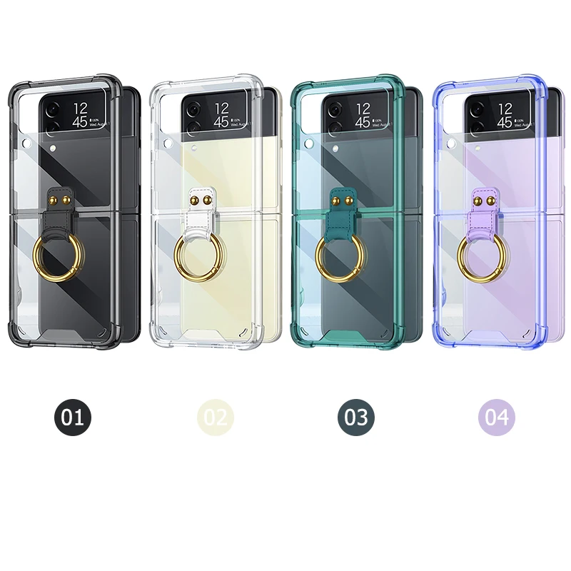 For Samsung Galaxy Z Flip 5 4 3 Case Ring Bracket Folding Anti-Fall Colored Transparent Four Corners Shockproof Back Hard Cover