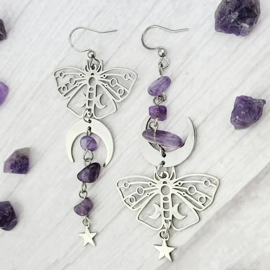 Vintage Hollow-out Butterfly Pendant Earrings Bohemian Moon Moth Ear Hooks Natural Stone Jewelry Accessory Gifts For Women Girls