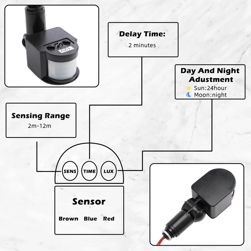أجهزة كشف حركة سوداء ، مفتاح إضاءة ، خارجي ، تيار مباشر ، 12 فولت ، 3