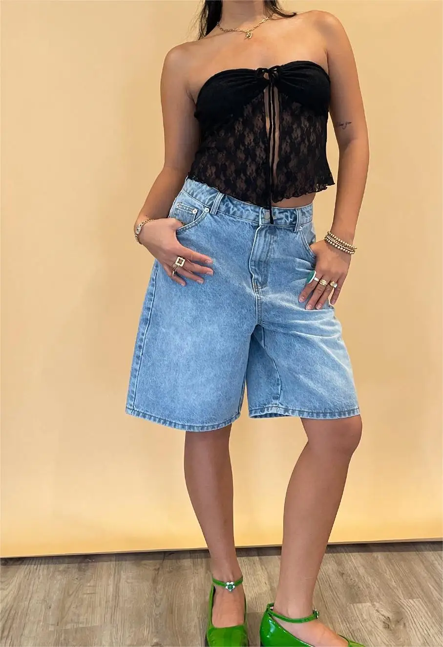 New Fashion Womens Knee Length Denim Shorts Solid Color High Waist Loose Fit Jean Shorts For Summer Club Street Style S-XL