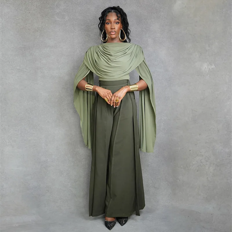 

Sweet and fresh heap collar long-sleeved shirt high waist wide-leg pants two-piece set fashionable simple and versatile temperam