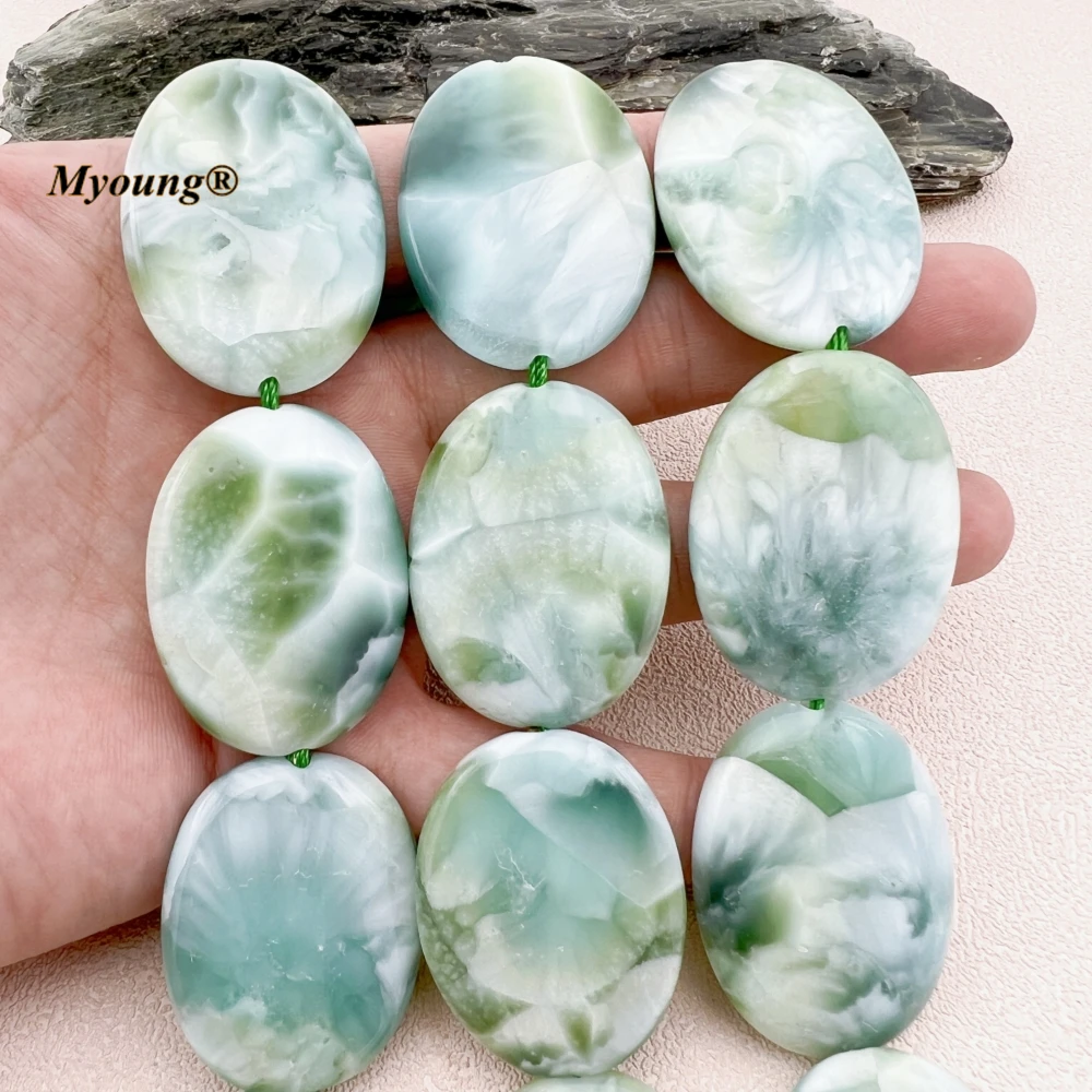 30x40MM 10PCS Large Oval Shape Natural Green Angelite Stone Slice Pendant Beads MY230855