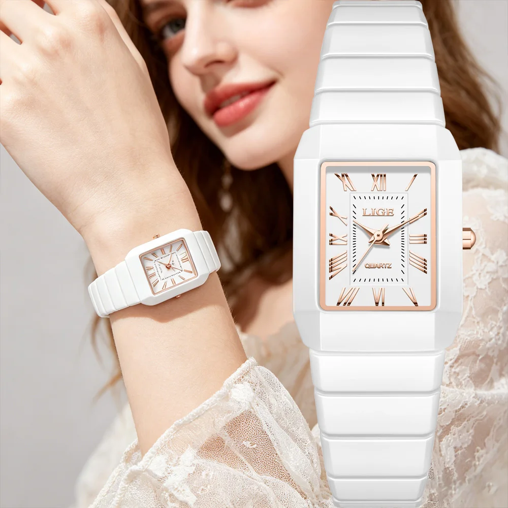 

LIGE Luxury Rectangle Watch For Woman Waterproof Calendar Simple Ladies Watch Fashion Full Ceramic Quartz Women's Watches