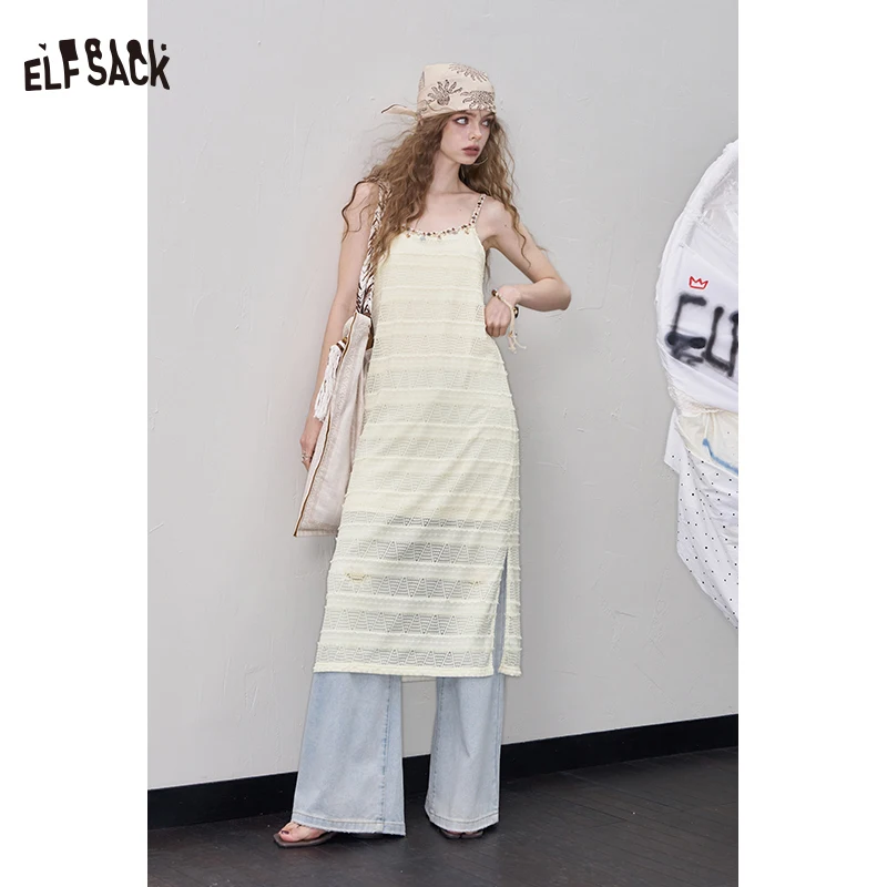 ELFSACK 2025夏新作 ボヘミアン シェルディテール ニット マキシワンピース レディース サイドスリット ビーチスタイル