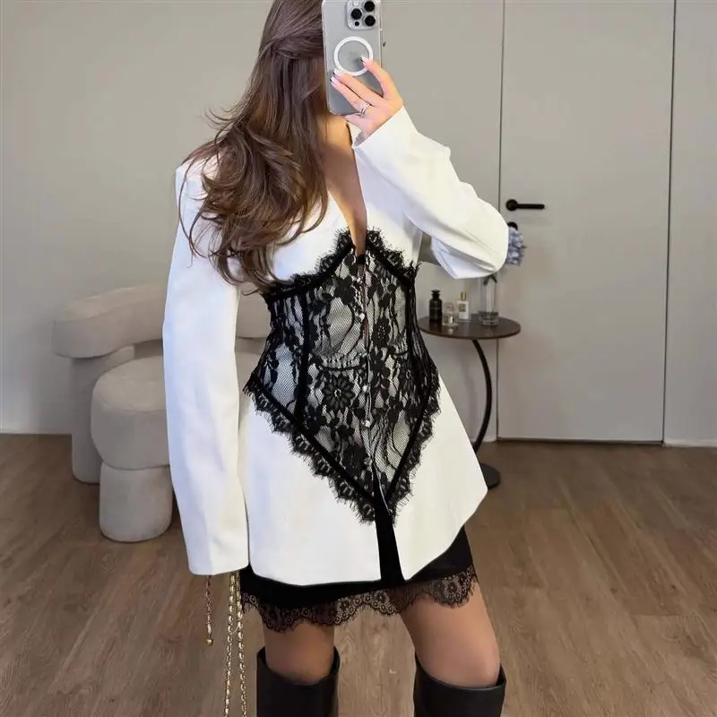 Retro Lace Patchwork  Spring New Style Personalized Lace Waist-Cinching High-End Feelings Suit Jacket Women's Fashion