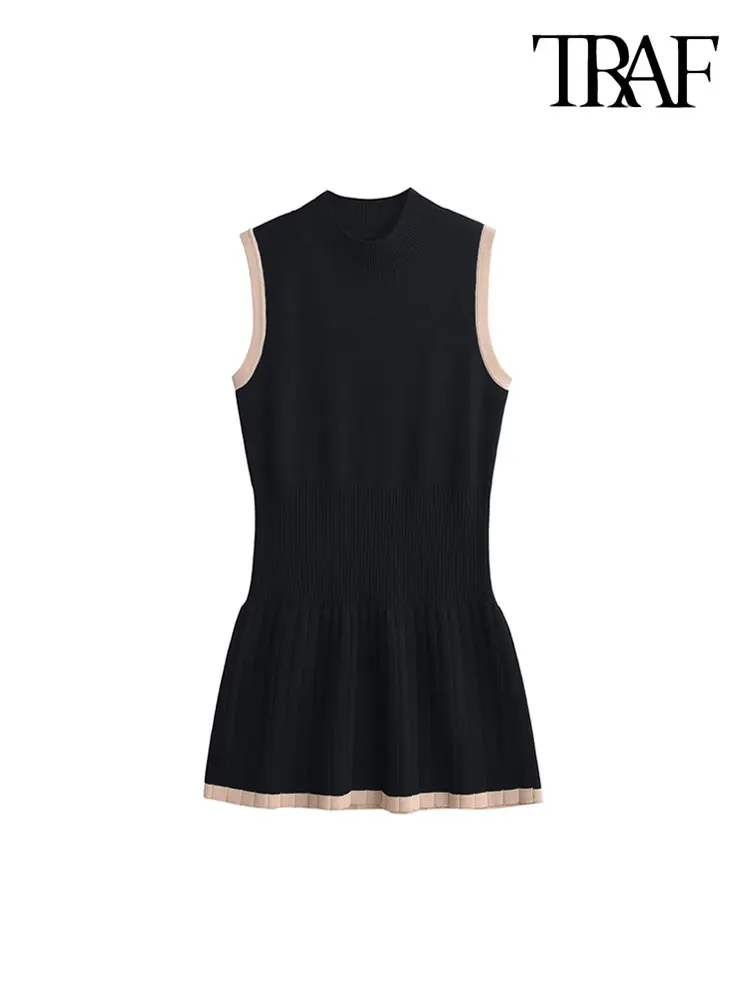 TRAF-Sleeveless Knit Mini Dress for Women, High Neck, Patchwork, Female Dresses, Chic Fashion