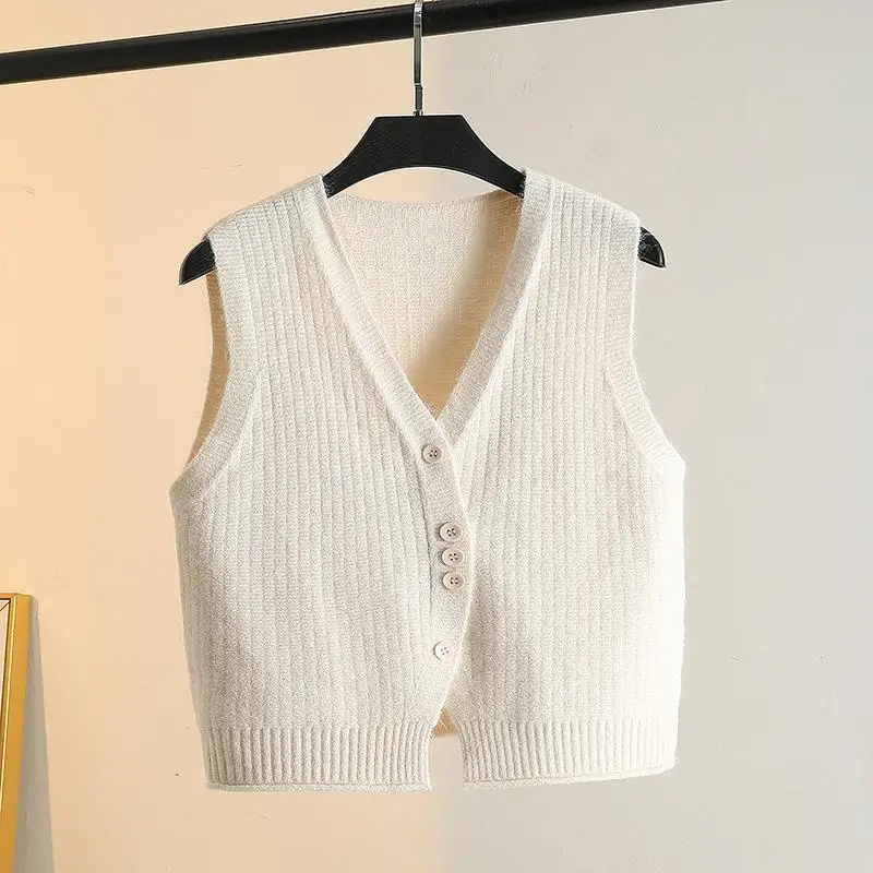 Hem Slit Design Buttoned Vest Knitted V-neck Vest Spring and Autumn Layered Cardigan Over-the-shoulder Sweater