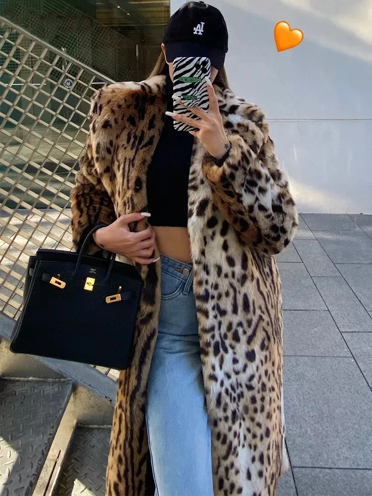 Altes Geld Winter Frauen Eco Pelzmantel Leopard Print Anzug Kragen Künstliche Pelz Jacke Für Dame Lange Über Das Knie Weibliche Pelzmantel