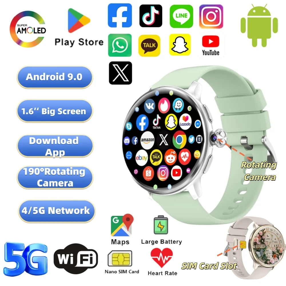 

New H88 4G Lady Smart Watch SIM Card 1.65''AMOLED 480*480 950mAh Video Call WIFI GPS Women Men Dual System Google Play Maps