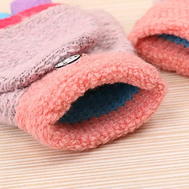 7-15 Years Old Autumn and Winter Cute Children's Woolen Gloves Student Thickened Warm Gloves Knitted Half Finger Flap Gloves