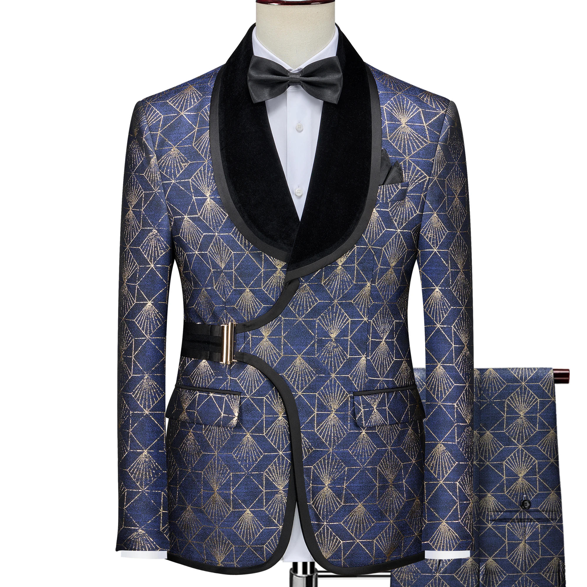 Gwenhwyfar High-end Geweven Gouden Jacquard Herenpak Marine Luxe Mode Herenpak 2-delig Formeel Feest Smoking voor Man Sjaal Revers - afbeelding 2